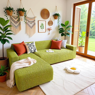 简约针织沙发套绿色一体式L型转角沙发罩防滑全包保护套家用装饰