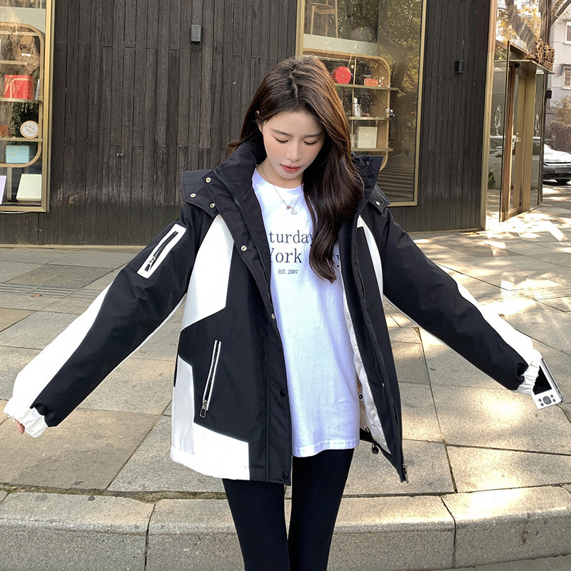 黑白撞色连帽工装派克服羽绒服女2024冬季新款时尚加厚白鸭绒外套,女装羽绒服,浙宝123
