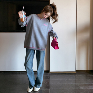 超好看灰色涂鸦风圆领卫衣女2025早春新款韩系小个子休闲通勤上衣图片