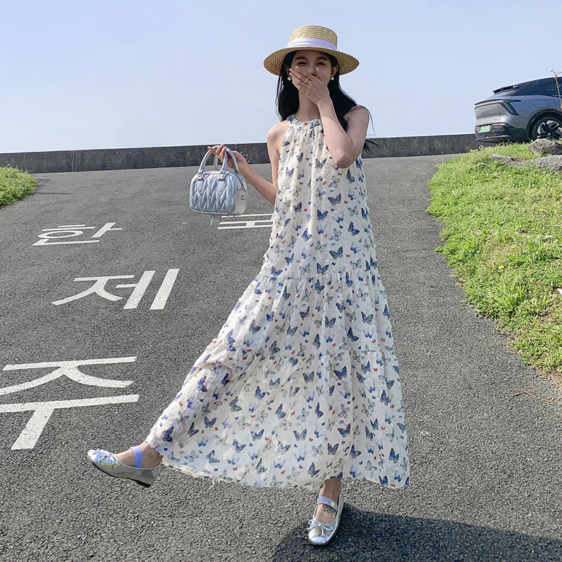 露肩休闲印花挂脖连衣裙女2025夏季新款时尚宽松温柔风沙滩吊带裙,女装连衣裙,浙宝123