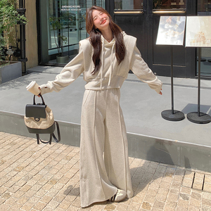 白色时尚休闲卫衣女2024秋季新款设计感连帽上衣阔腿裤