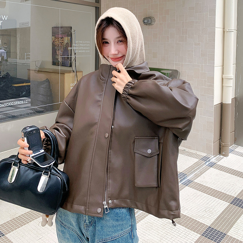 美拉德针织连帽皮衣外套女2025春季新款复古设计感小个子夹克上衣,女装皮衣,浙宝123