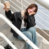 美拉德针织连帽皮衣外套女2025春季新款复古设计感小个子夹克上衣，女装皮衣，浙宝123
