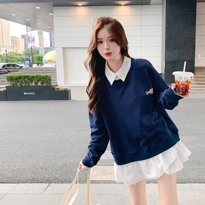 学院风假两件拼接连衣裙女2025春秋新款韩版宽松减龄俏皮卫衣裙子图片