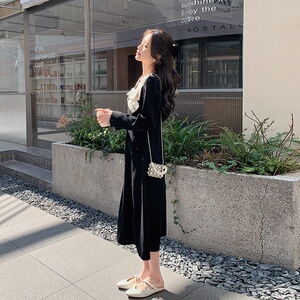 长裙长袖高腰连衣裙蝴蝶结丝绒裙复古名媛拼接洛丽塔小香风显瘦图片