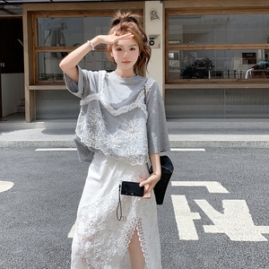 新款！2025夏季花边短袖蕾丝半身裙两件套123-7716-P175-K238,女装职业装,浙宝123