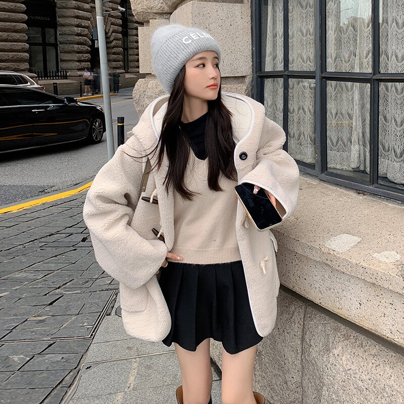 现货哦！2022冬季新款牛角扣连帽羊羔毛外套123-8872-P175-K248,女装短外套,浙宝123