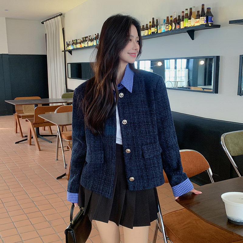 韩系假两件套拼接小香风外套女2025春新款小个子超火短款夹克上衣,女装短外套,浙宝123