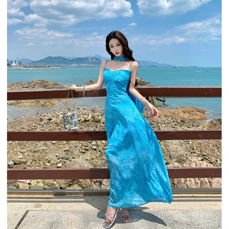 夏日绝美度假风蓝色扎染沙滩长裙