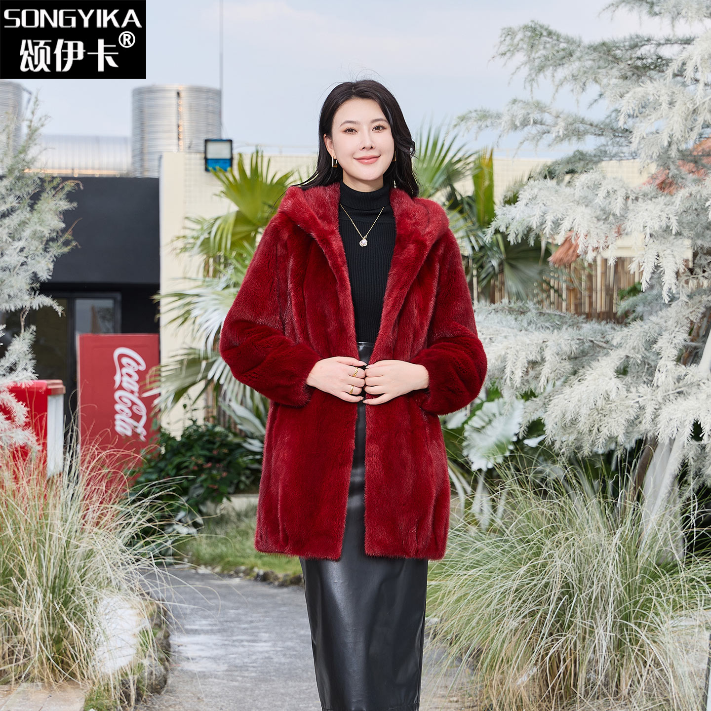 颂伊卡貂皮大衣女酒红色中长款