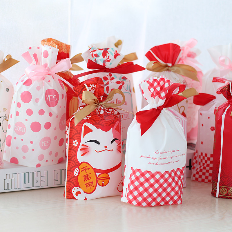 新年招财束口小爱心圆点礼品包装袋丝带抽绳袋糖果袋回礼袋50枚入