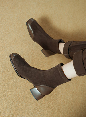 Seenlt-真皮复古方头粗跟短靴女2025年秋冬新款弹力瘦瘦靴高跟裸