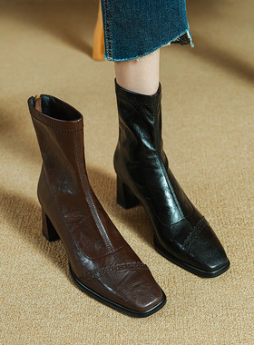 Seenlt-高跟短靴女加绒复古法式中筒靴显瘦时装靴后拉链方头单靴
