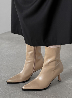 Seenlt-女士时尚真皮有气质2025年新款尖头细跟高跟短筒短靴子气