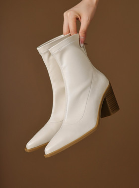 Seenlt-7.5CM 法式复古气质高跟弹力瘦瘦靴女2025秋冬尖头粗跟百