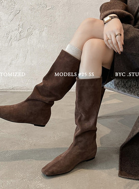 Seenlt-方头高筒坡跟长筒靴女2025春秋新款低跟套筒简约不过膝骑