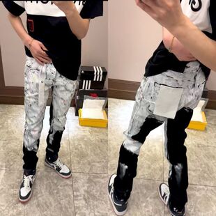 中大童新款潮牌高街美式百搭修身直筒小脚学生黑色泼墨牛仔裤男童