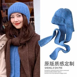 高圆圆同款蓝色围脖帽子新款针织围巾一体帽子气质百搭保暖简约女