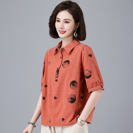 女士短袖t恤宽松纯棉2026夏装新款中年妈妈气质带领小衫休闲上衣