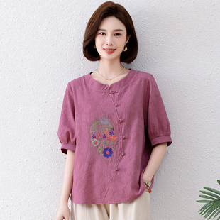 夏季纯棉短袖t恤女宽松2026新款中年妈妈民族风绣花小衫全棉上衣