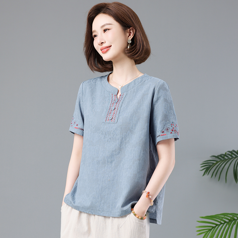 纯棉短袖t恤女宽松全棉2025夏装新款中年妈妈洋气大码减龄上衣服