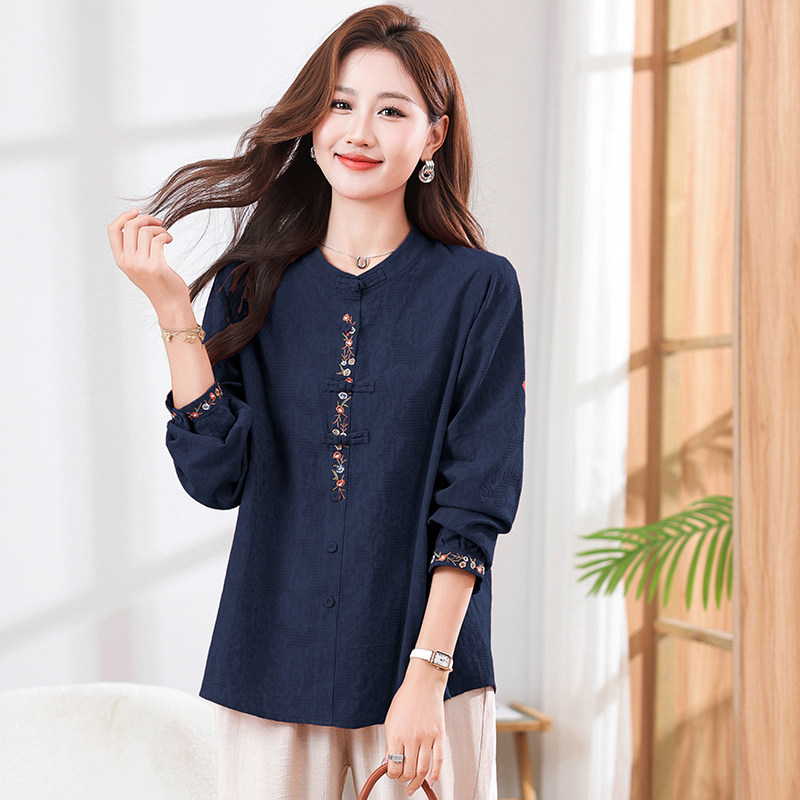 圆领衬衫女宽松纯棉2026春秋新款民族风刺绣上衣中年妈妈长袖衬衣