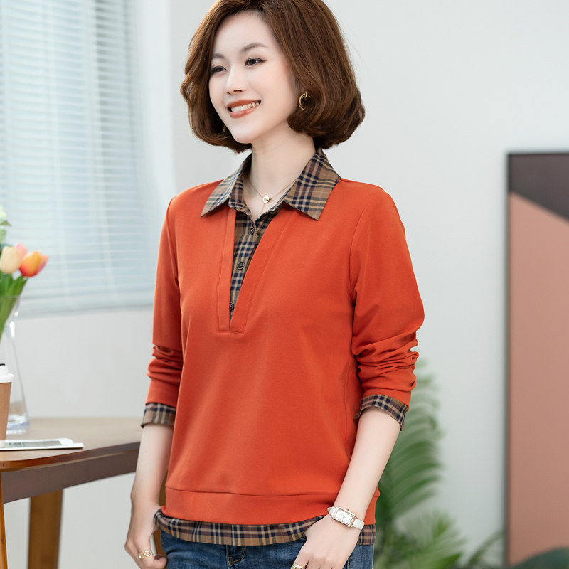 长袖t恤女宽松2026春秋新款中年妈妈假两件上衣女休闲大码打底衫