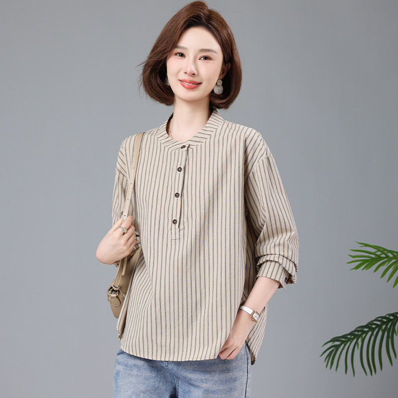 条纹衬衫女宽松纯棉套头衬衣