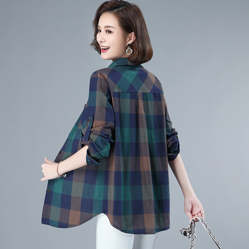 格子衬衫女长袖中长款宽松纯棉2026春装新款中年妈妈大码开衫上衣