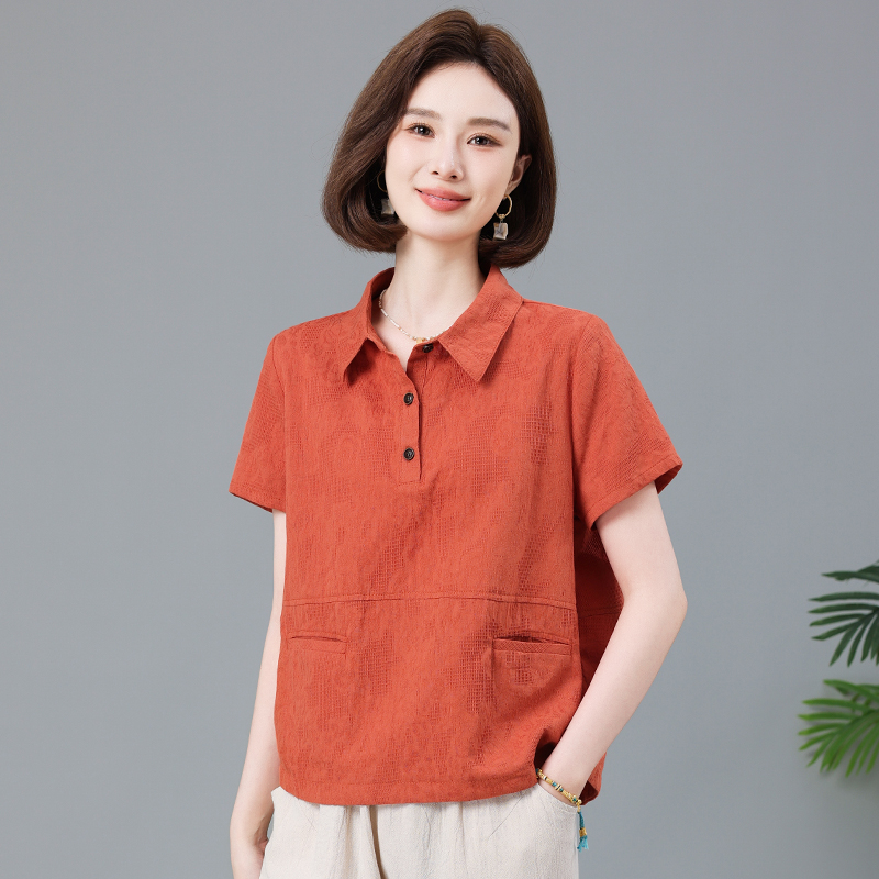 纯棉短袖t恤女宽松2025夏季新款中年妈妈气质带领小衫大码上衣服