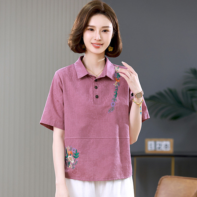 纯棉短袖t恤女宽松2026夏装新款中年小个子妈妈气质大码带领上衣