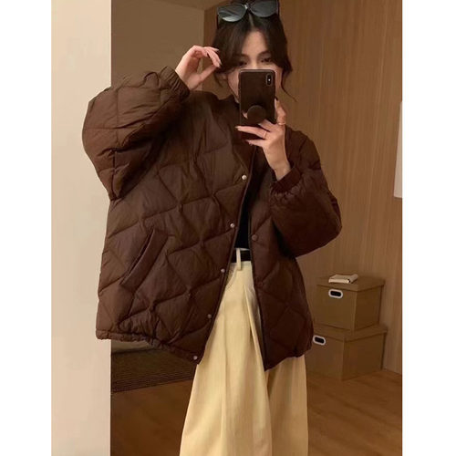 韩系复古中长菱形格白鸭绒羽绒服