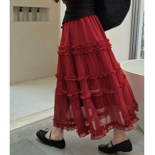 韩系红色荷叶边蛋糕半身裙松紧腰