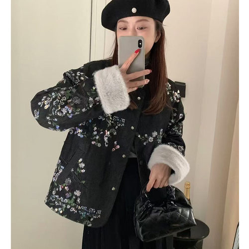 韩系慵懒风短款刺绣羽绒牛仔外套