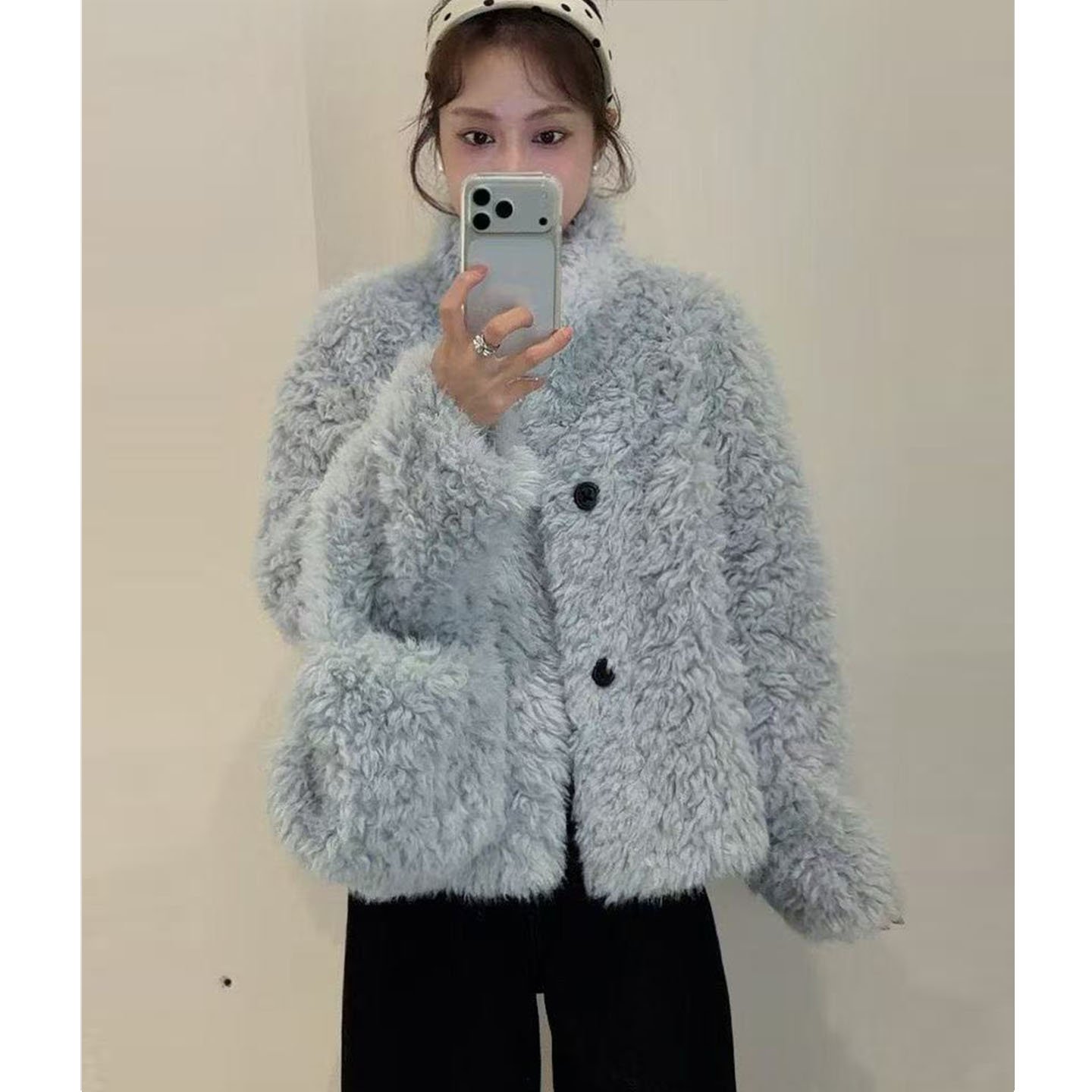 韩系chic皮毛一体羊剪绒毛呢外套