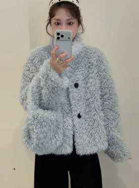 韩系chic皮毛一体羊剪绒毛呢外套女2025冬宽松慵懒颗粒绒短款大衣