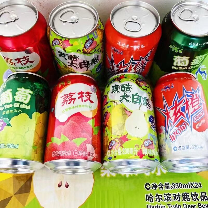 对鹿汽水330ml大白梨味葡萄味荔枝易拉罐整箱毫升口味味果味混搭