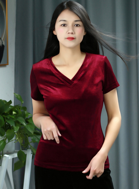 酒红色高端金丝绒短袖t恤女v领修身洋气打底衫鸡心领上衣小衫新款
