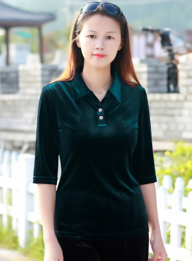 春秋新款高端金丝绒上衣女Polo衫五分袖t恤女中袖打底衫修身显瘦