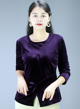 2025新款打底衫圆领设计感t恤女士金丝绒上衣高贵洋气年轻款减龄