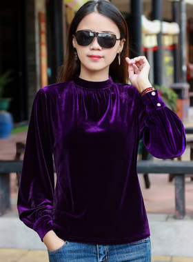 2022春款上衣金丝绒小立领打底衫半高领女灯笼袖衬衫女设计感小众