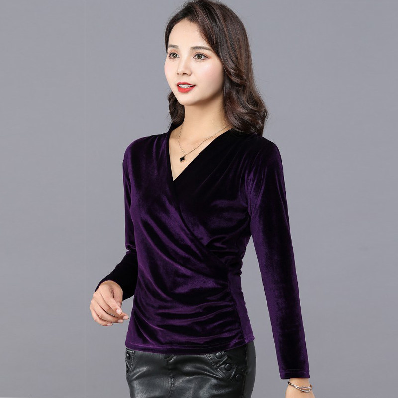 金丝绒上衣女打底衫交叉v领秋装长袖T恤修身显瘦遮肚秋冬新款女装