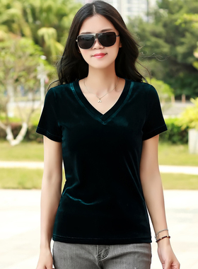 夏季新款鸡心领上衣女金丝绒半袖v领t恤女短袖修身显瘦打底衫纯色