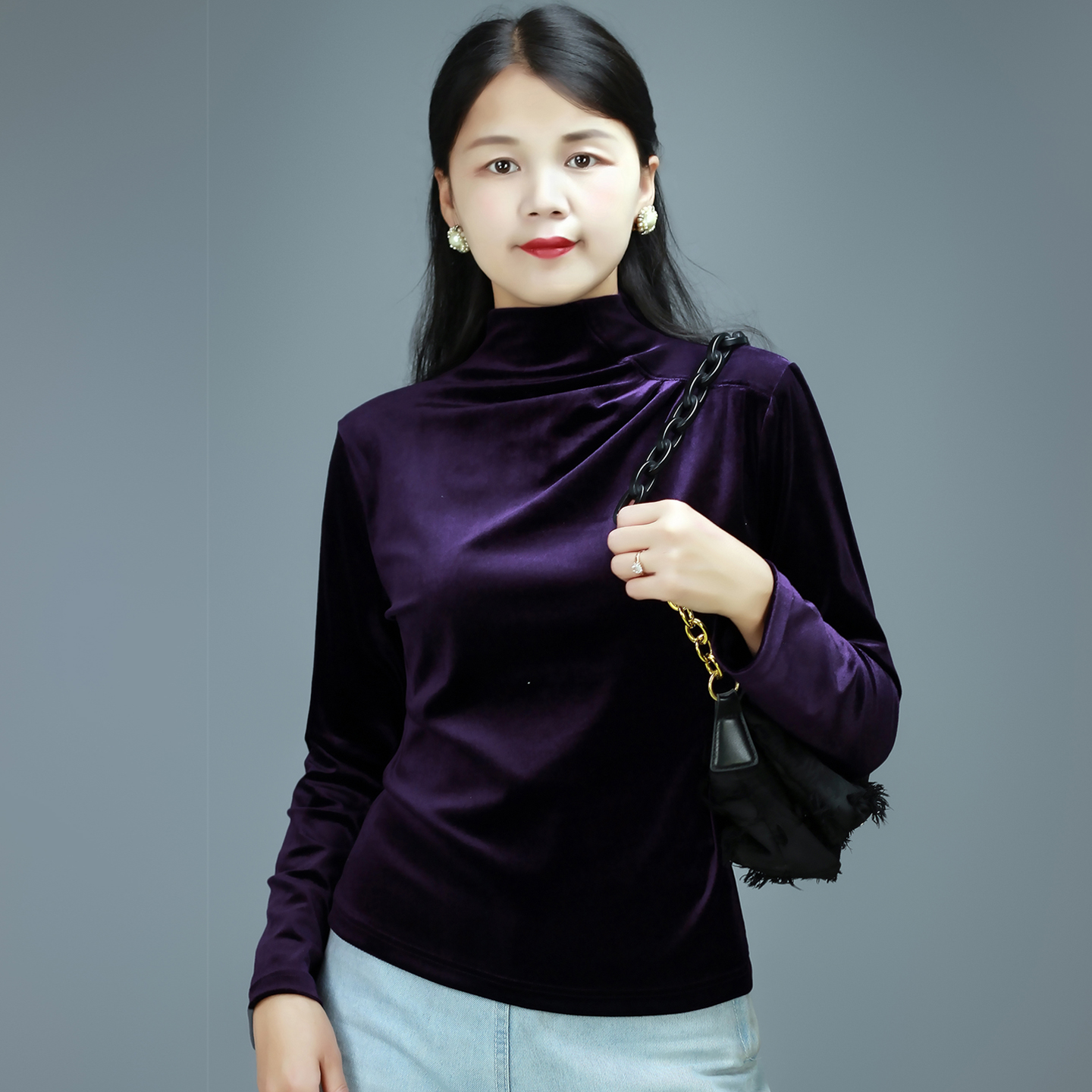 2025春秋新款金丝绒上衣长袖t恤时尚洋气高领打底衫修身显瘦女装