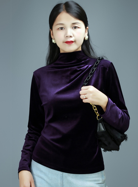 2025春秋新款金丝绒上衣长袖t恤时尚洋气高领打底衫修身显瘦女装
