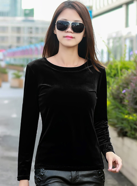 金丝绒打底衫女装秋冬长袖t恤修身简约圆领上衣显瘦时尚舒适小衫