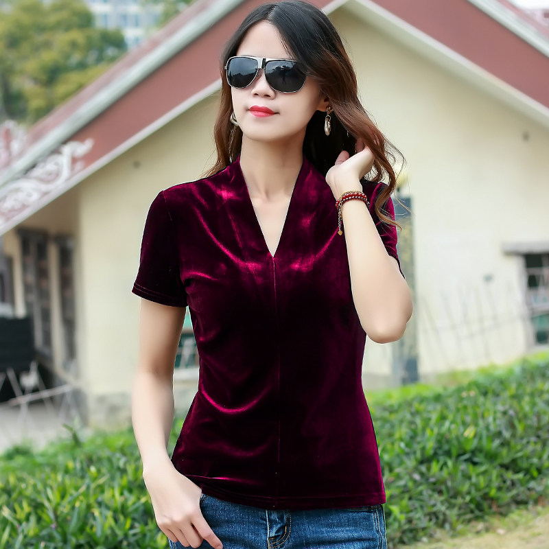 2023夏季新款金丝绒深v领短袖t恤女装修身显瘦上衣高级感洋气小衫