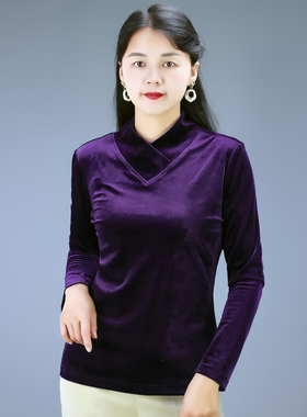 春秋季时尚金丝绒T恤女长袖半高领修身打底衫高端纯色交叉V领上衣