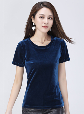 2020新款上衣夏季修身女装金丝绒圆领短袖t恤纯色显瘦打底衫秋冬