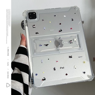 ins涂鸦黑猫支架透明适用苹果华为三星小米2025ipadpro保护套平板2022轻薄Air67壳带笔槽第十代12.9寸matepad